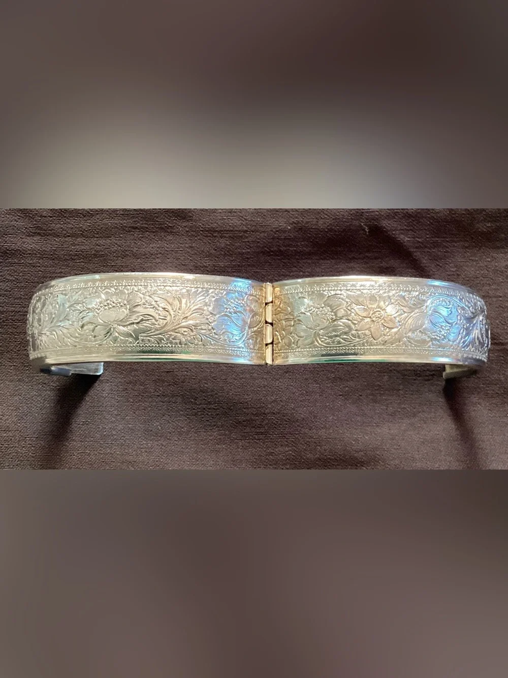 Vintage Victorian Revival Etched Silver Tone Bangle Bracelet